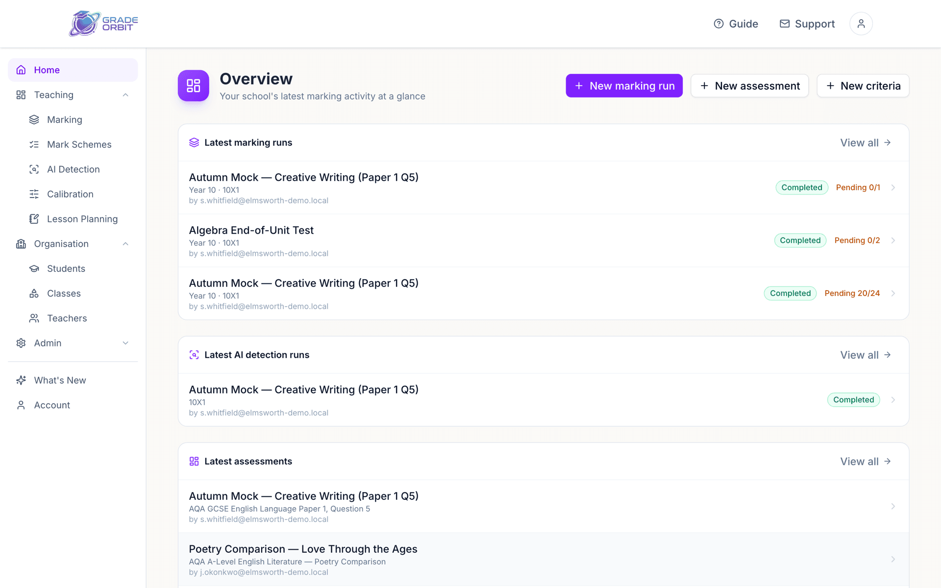 The GradeOrbit school overview page showing marking activity and credit usage.